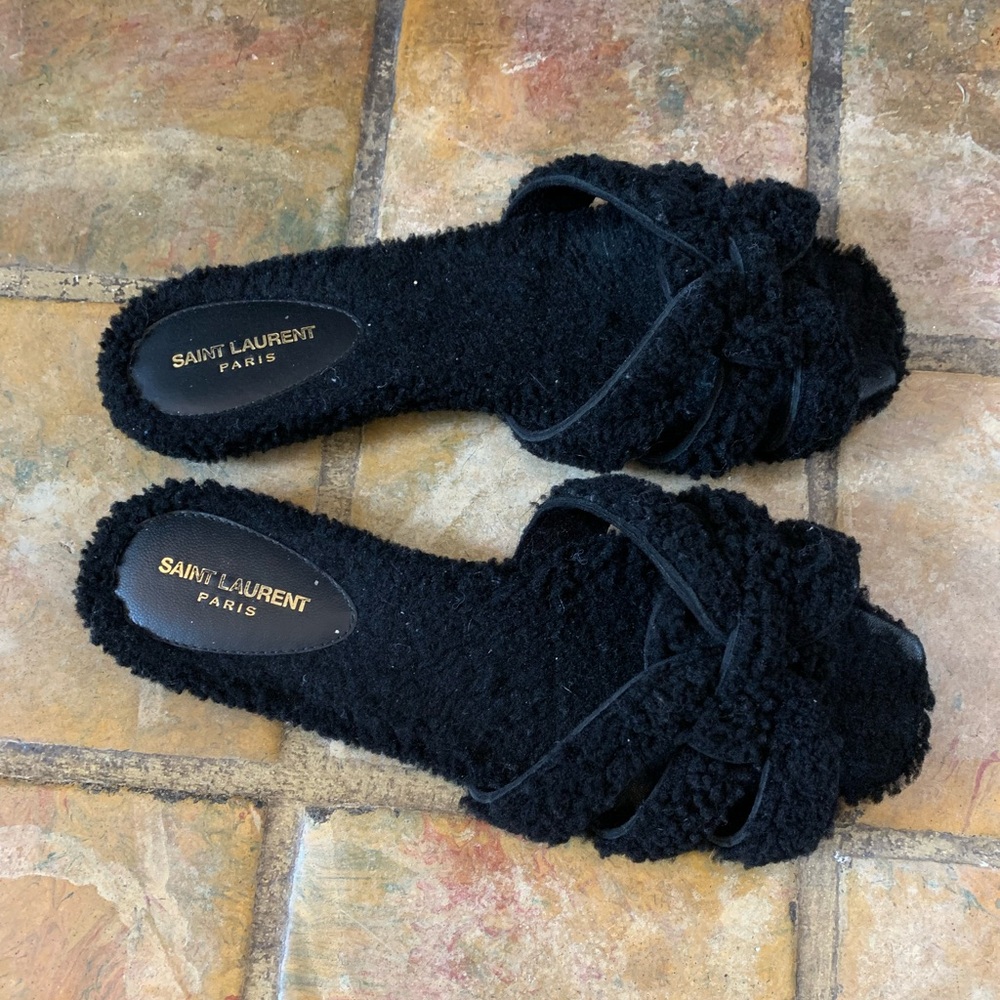 Saint Laurent Tribute Genuine Shearling Slide Sandal (Women)